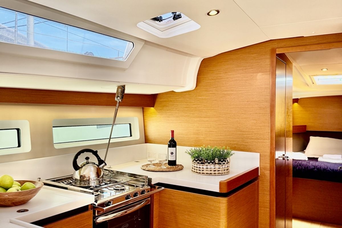 Galley of Yada, a Jeanneau Sun Odyssey 490 sailboat at Marpissa, Greece