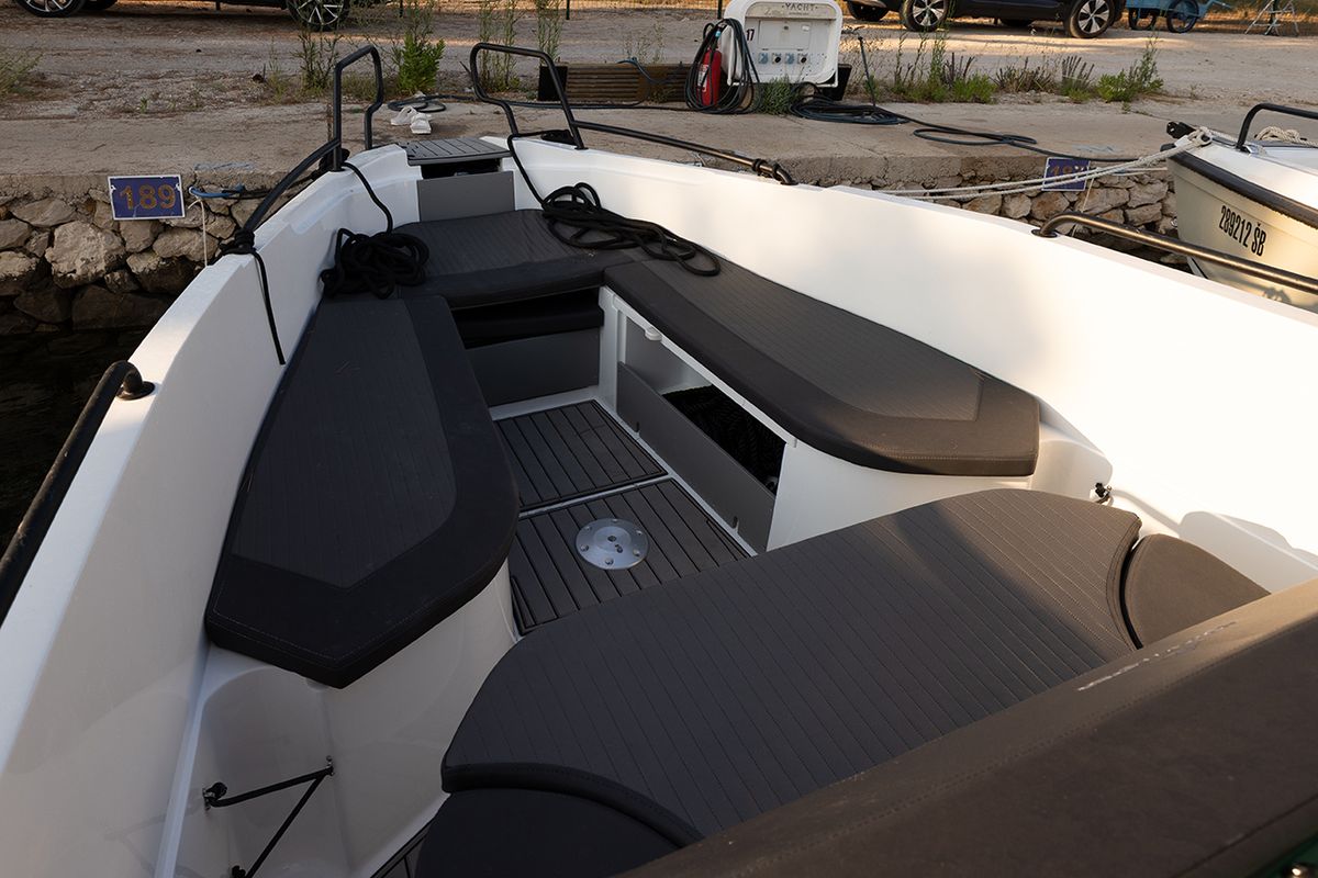 Deck of NN2, a Northmaster 645 Open motorboat at Grad Šibenik, Croatia