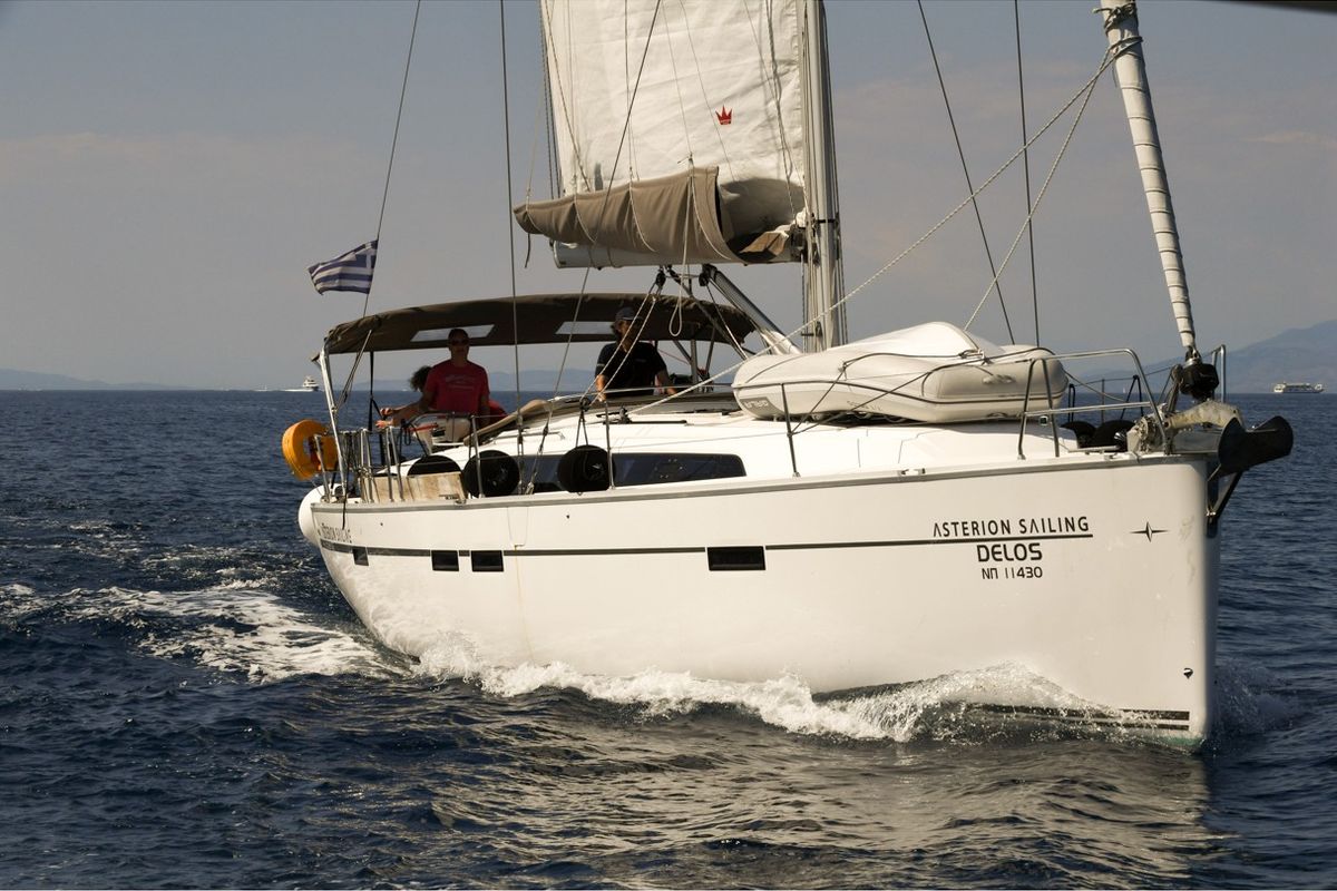 Exterior view of Delos, a Bavaria Cruiser 46 sailboat at Gouvia, Greece