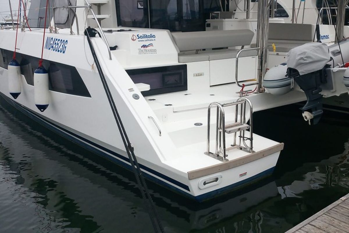 Exterior view of Lilamac, a Leopard 42 catamaran at Cannigione, Italy