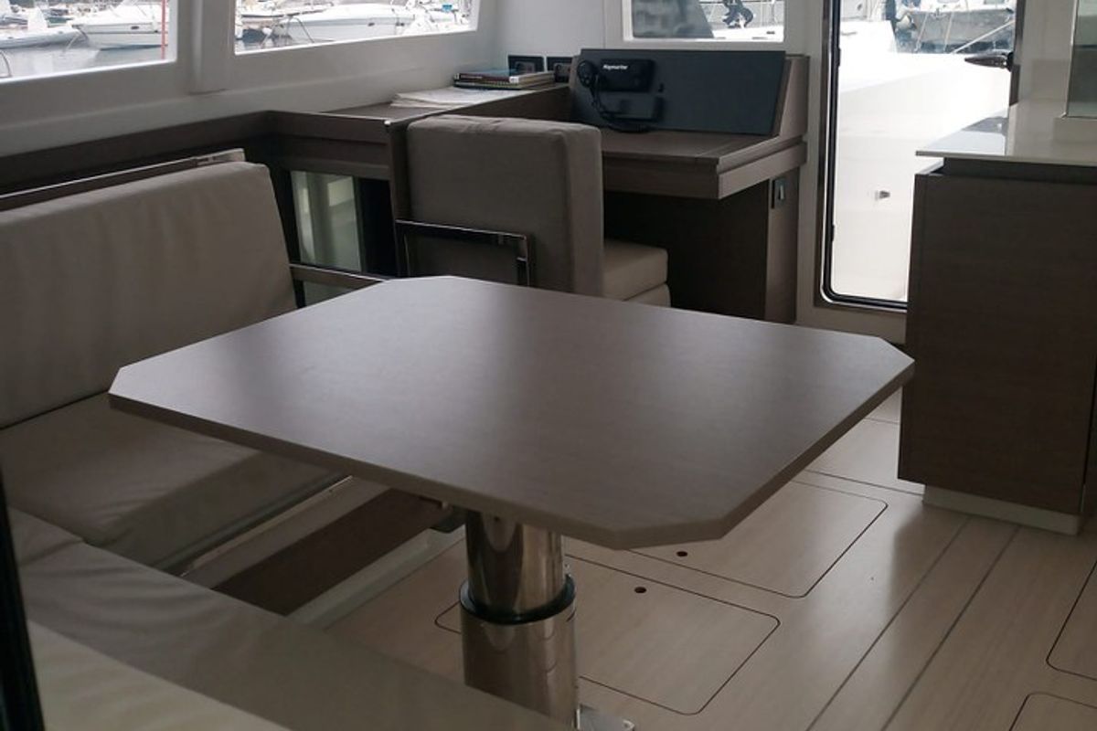 Salon of Lilamac, a Leopard 42 catamaran at Cannigione, Italy