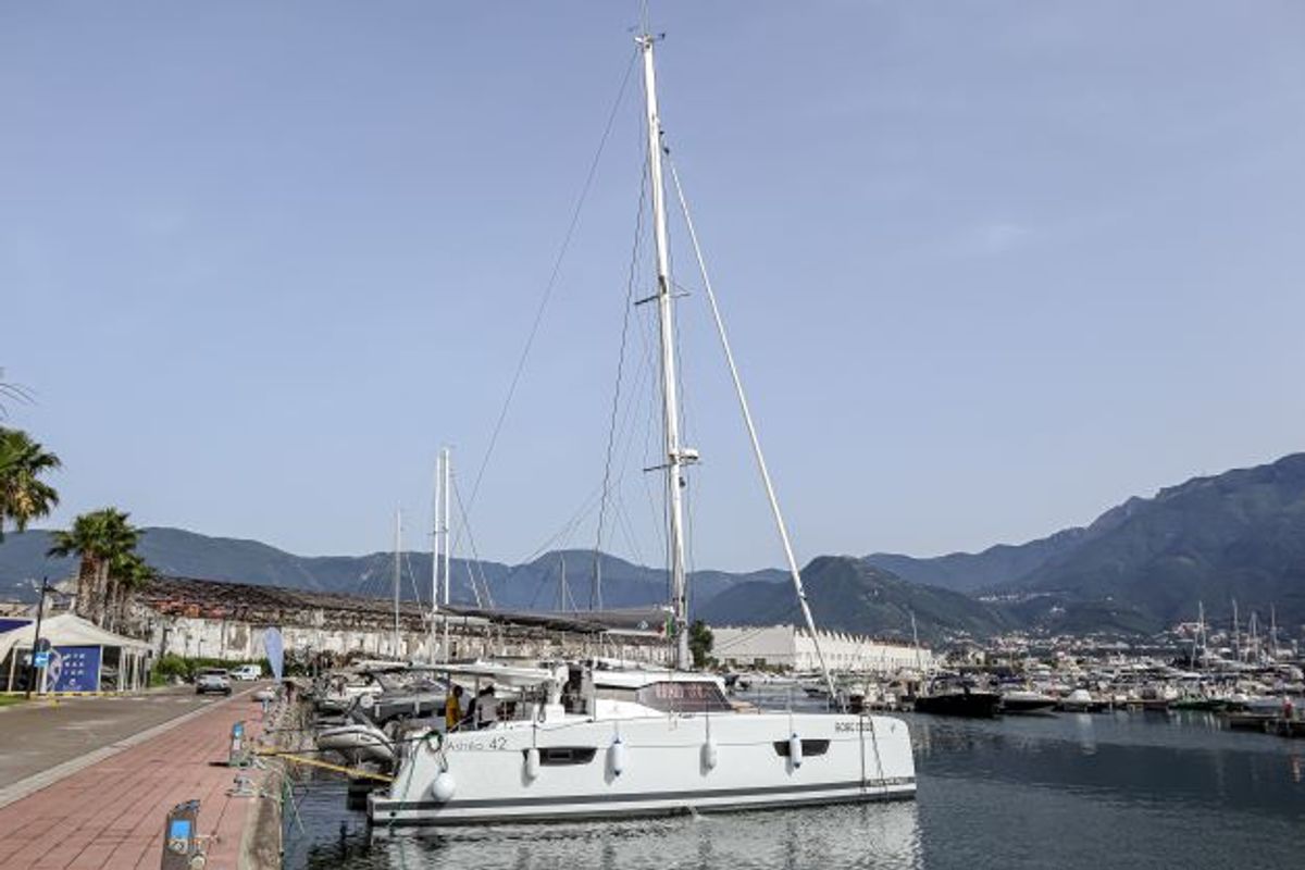 Exterior view of Lalena, a Fountaine Pajot Astréa 42 catamaran at Castellammare di Stabia, Italy