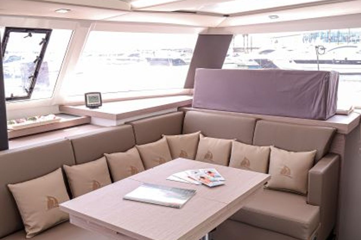 Salon of Lalena, a Fountaine Pajot Astréa 42 catamaran at Castellammare di Stabia, Italy