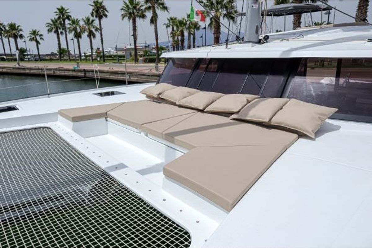 Deck of Lalena, a Fountaine Pajot Astréa 42 catamaran at Castellammare di Stabia, Italy
