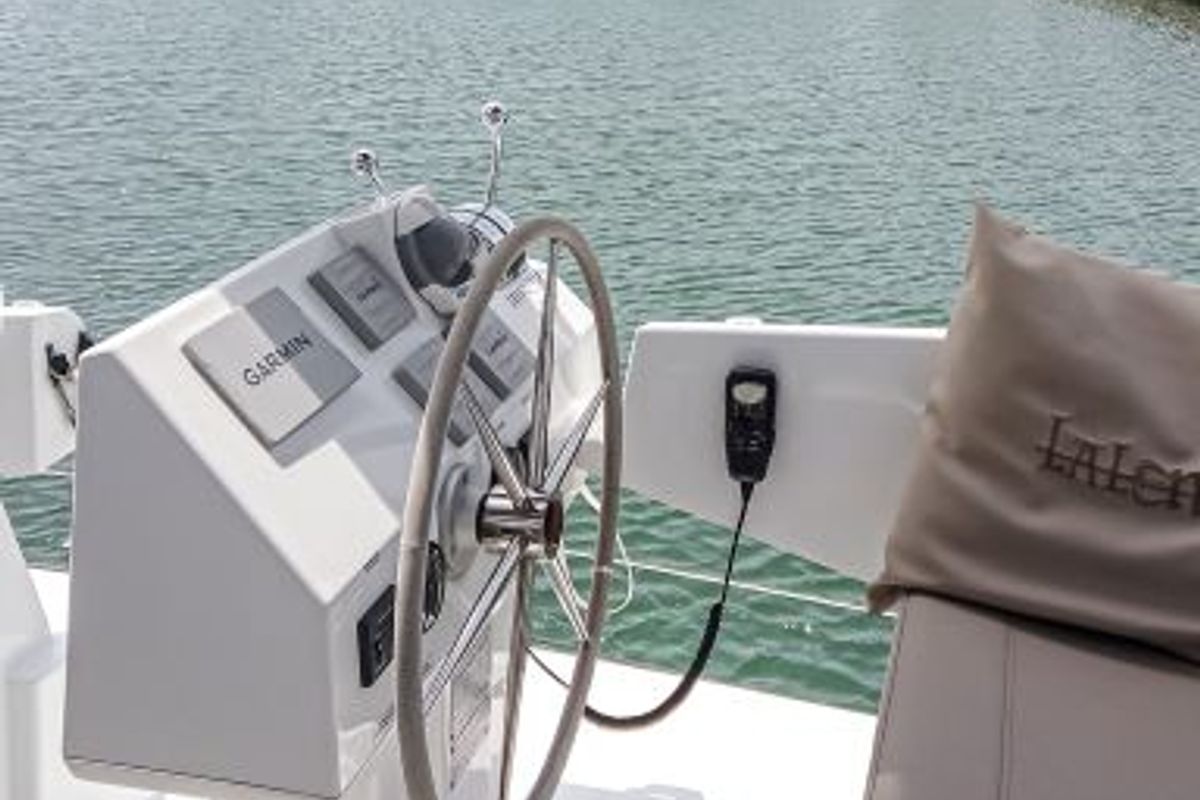 Cockpit of Lalena, a Fountaine Pajot Astréa 42 catamaran at Castellammare di Stabia, Italy