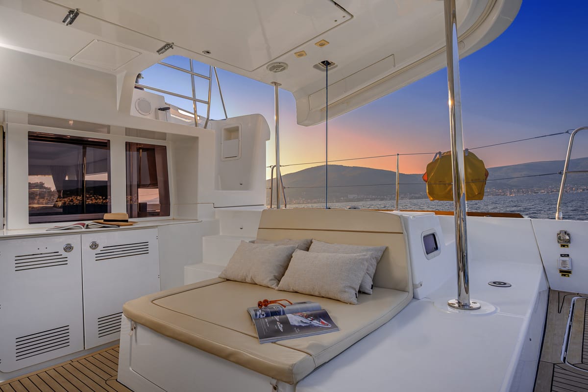 Deck of Bright Moon, a Lagoon 450 F catamaran at Grad Trogir, Croatia