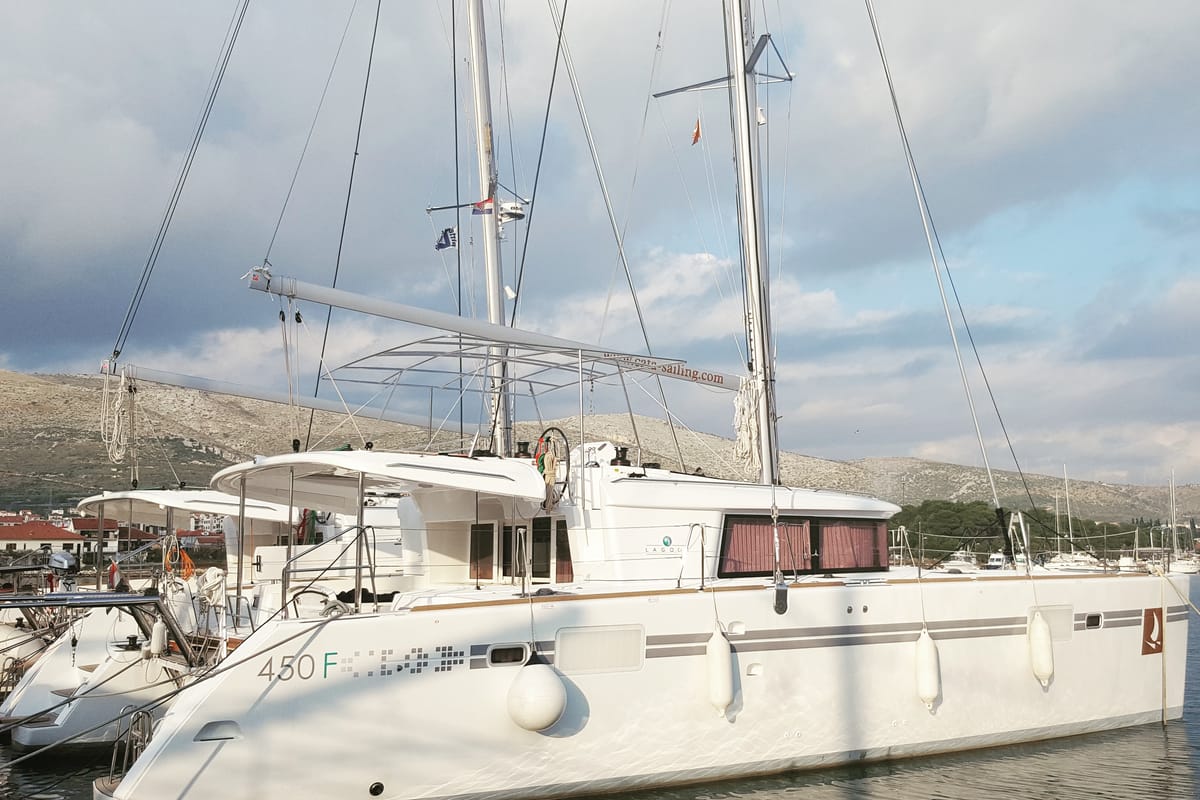 Exterior view of Bright Moon, a Lagoon 450 F catamaran at Grad Trogir, Croatia