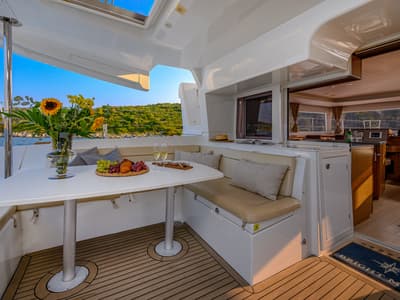Deck of Bright Moon, a Lagoon 450 F catamaran at Grad Trogir, Croatia