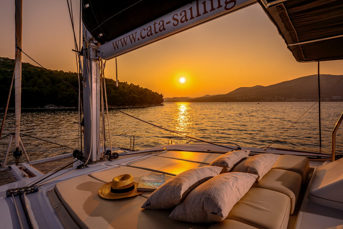 Deck of Bright Moon, a Lagoon 450 F catamaran at Grad Trogir, Croatia