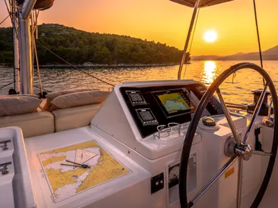 Cockpit of Bright Moon, a Lagoon 450 F catamaran at Grad Trogir, Croatia