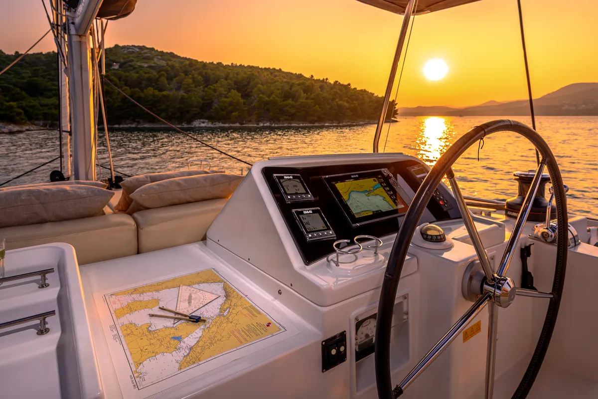 Cockpit of Bright Moon, a Lagoon 450 F catamaran at Grad Trogir, Croatia