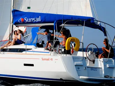Deck of Sunsail 41.1 Classic, a Beneteau Oceanis 411 sailboat at Procida, Italy