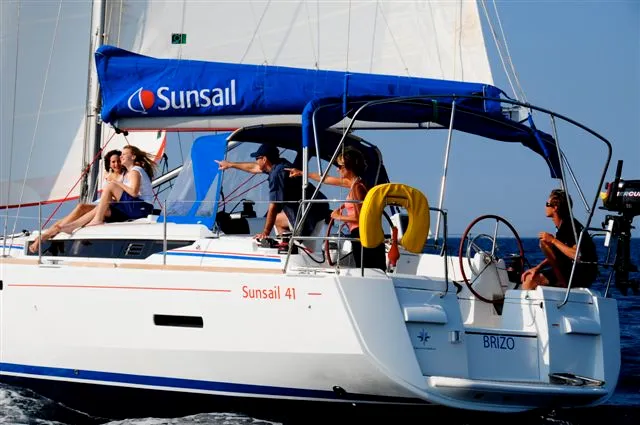 Deck of Sunsail 41.1 Classic, a Beneteau Oceanis 411 sailboat at Procida, Italy