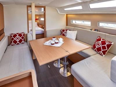 Salon of Sunsail 410 Premium, a Jeanneau Sun Odyssey 410 sailboat at Općina Marina, Croatia