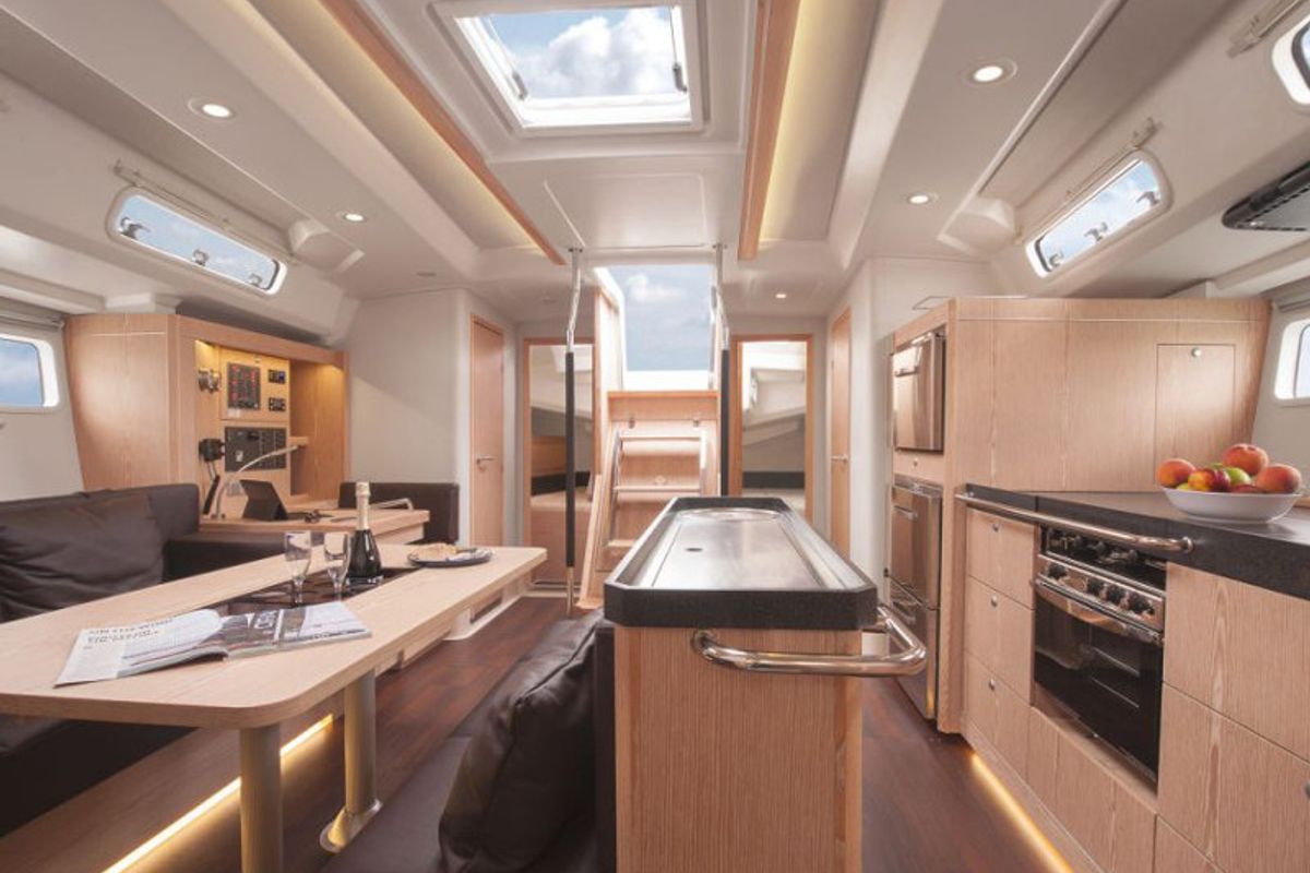 Salon of Kia Ora, a Hanse Yachts Hanse 505 sailboat at Marmaris, Turkey