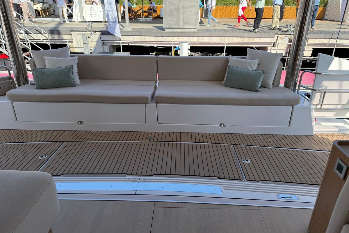 Deck of Alhena, a Bali 5.8 catamaran at Olbia, Italy