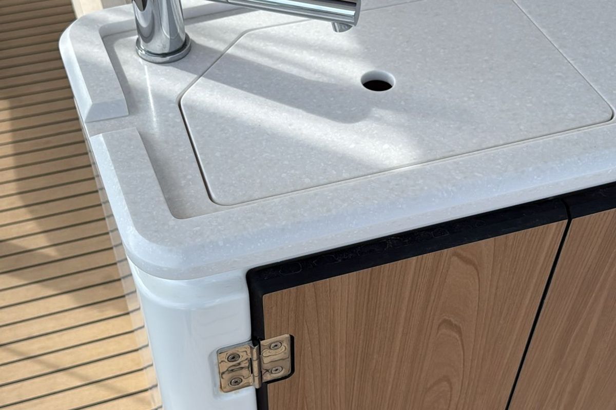 Deck of Alhena, a Bali 5.8 catamaran at Olbia, Italy