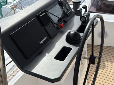 Cockpit of Alhena, a Bali 5.8 catamaran at Olbia, Italy