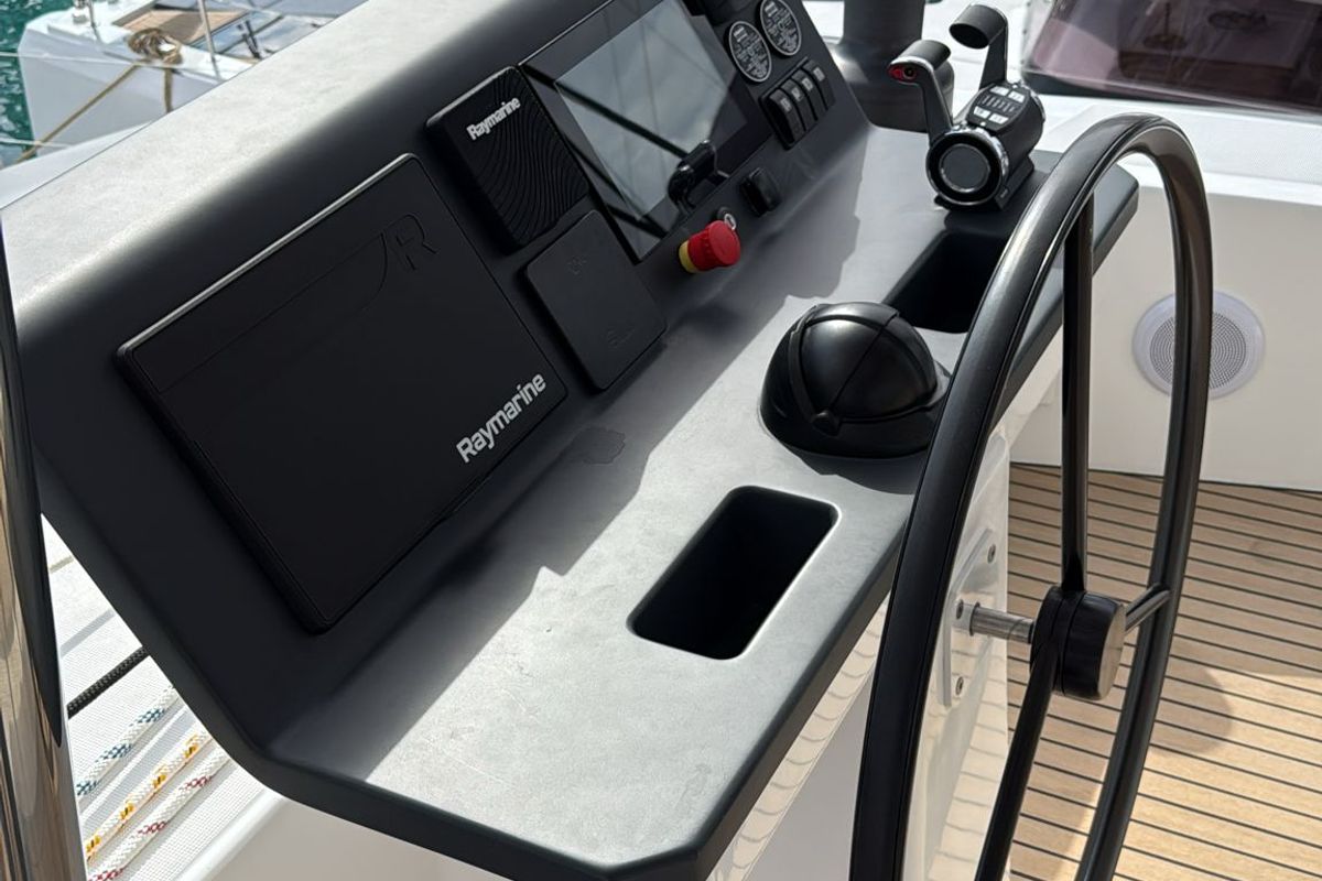 Cockpit of Alhena, a Bali 5.8 catamaran at Olbia, Italy
