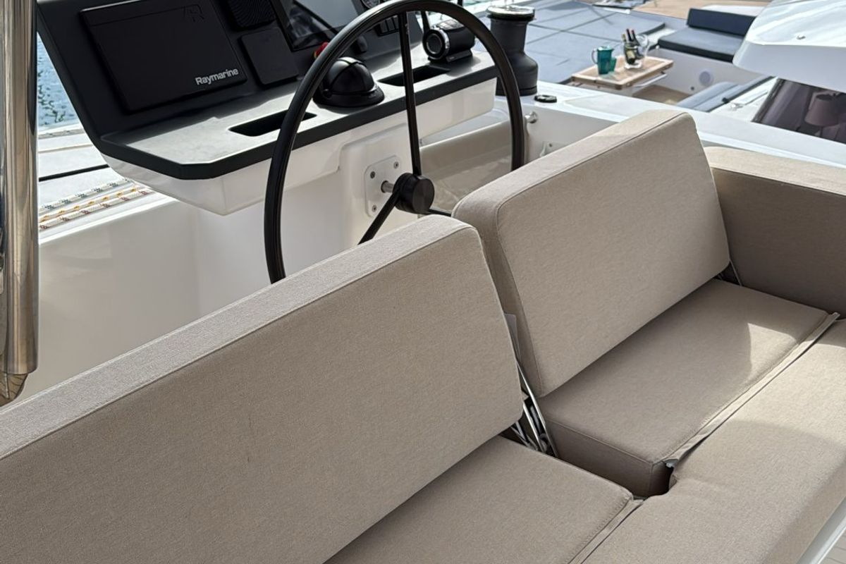 Cockpit of Alhena, a Bali 5.8 catamaran at Olbia, Italy