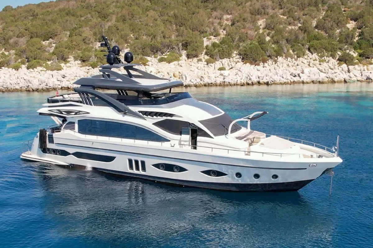 Exterior view of Den Den, a Gulet Luxury Motor Yacht yacht at Bodrum, Turkey