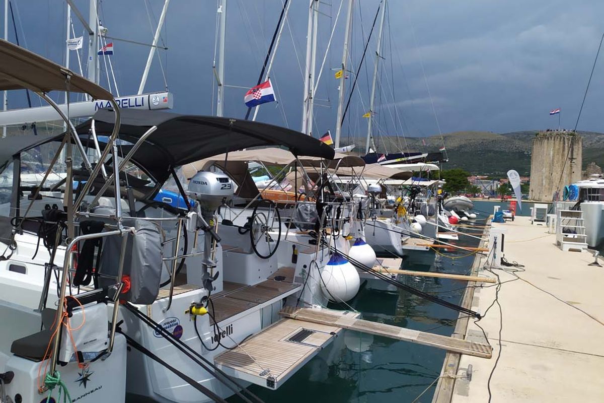 Exterior view of Marelli, a Jeanneau Sun Odyssey 410 sailboat at Grad Trogir, Croatia