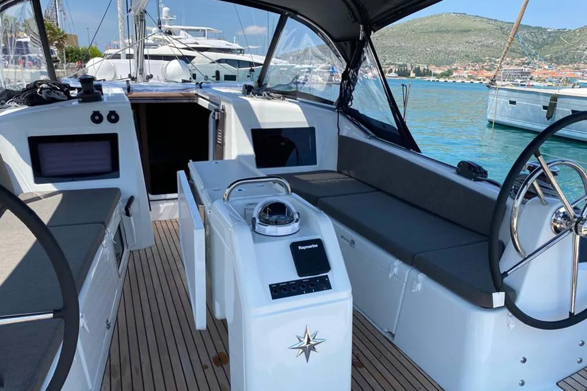 Cockpit of Marelli, a Jeanneau Sun Odyssey 410 sailboat at Grad Trogir, Croatia