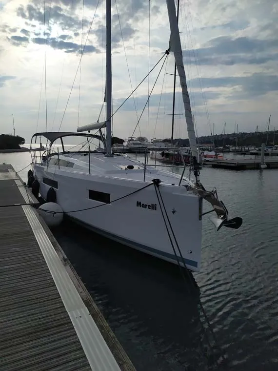 Exterior view of Marelli, a Jeanneau Sun Odyssey 410 sailboat at Grad Trogir, Croatia