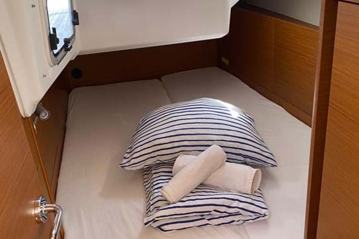 Cabin on Marelli, a Jeanneau Sun Odyssey 410 sailboat at Grad Trogir, Croatia