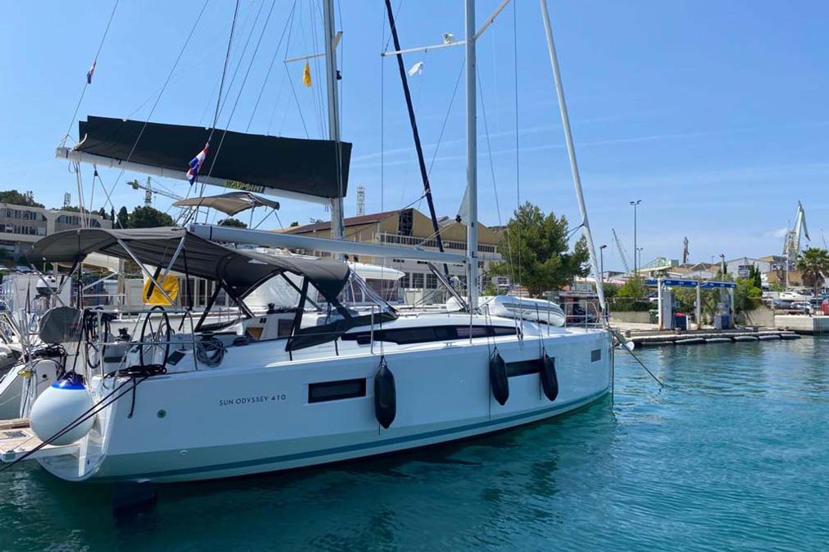 Exterior view of Marelli, a Jeanneau Sun Odyssey 410 sailboat at Grad Trogir, Croatia