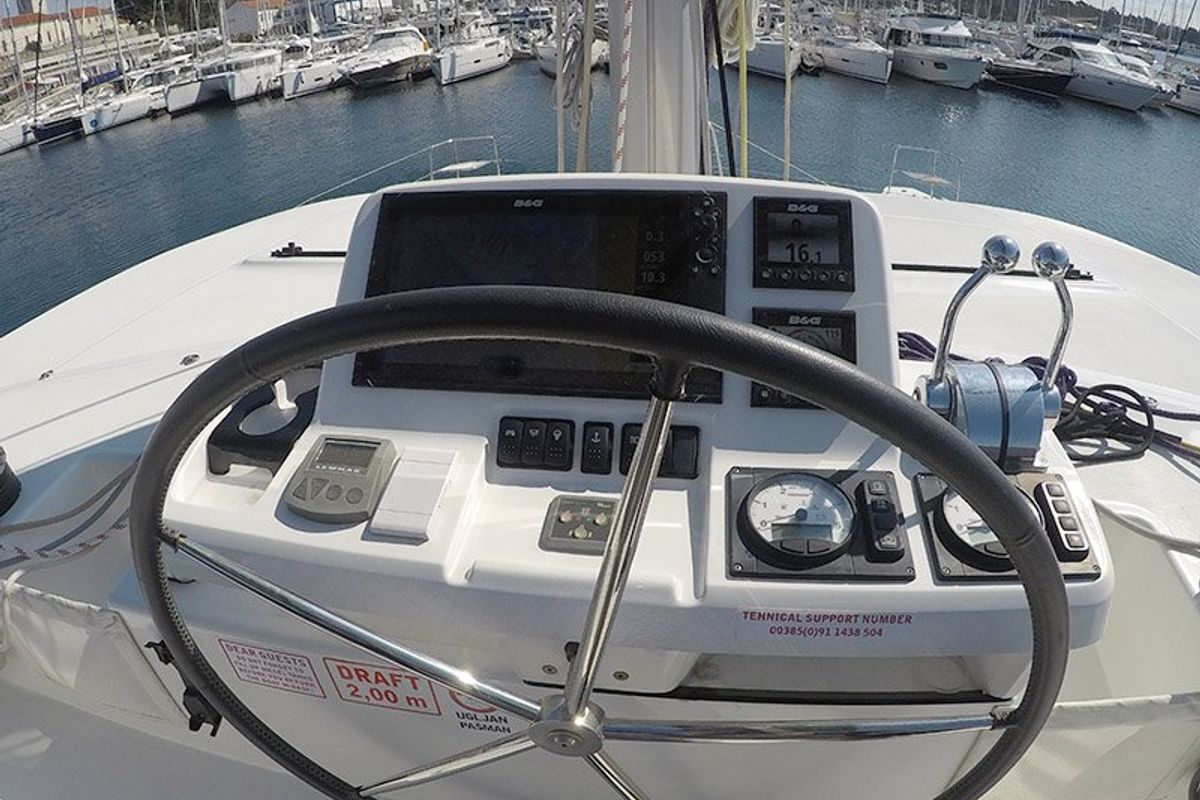 Cockpit of Zuzo I, a Lagoon 50 catamaran at Grad Šibenik, Croatia
