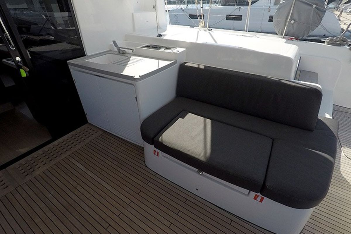 Deck of Zuzo I, a Lagoon 50 catamaran at Grad Šibenik, Croatia