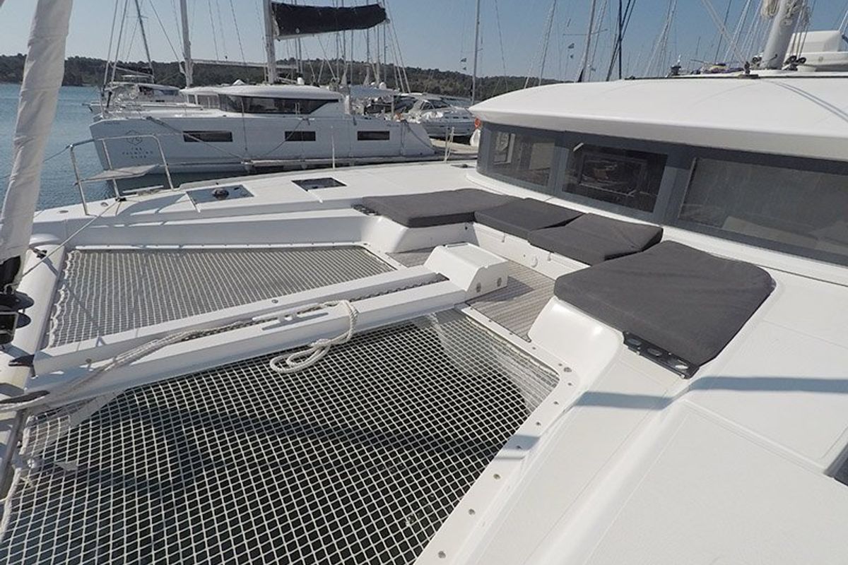 Deck of Zuzo I, a Lagoon 50 catamaran at Grad Šibenik, Croatia