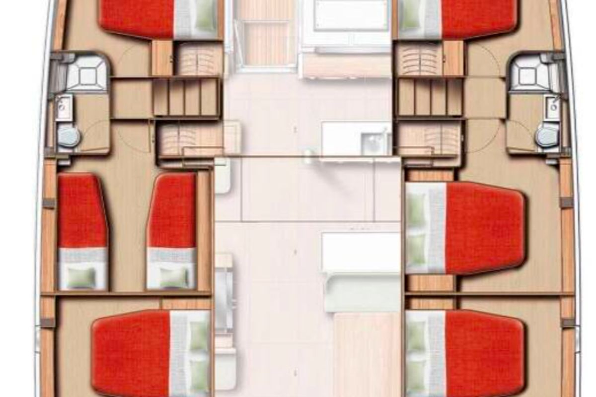 Floor plan of Leone, a Bali 5.8 catamaran at Olbia, Italy