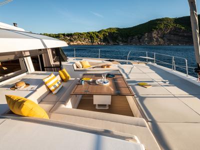 Deck of Leone, a Bali 5.8 catamaran at Olbia, Italy