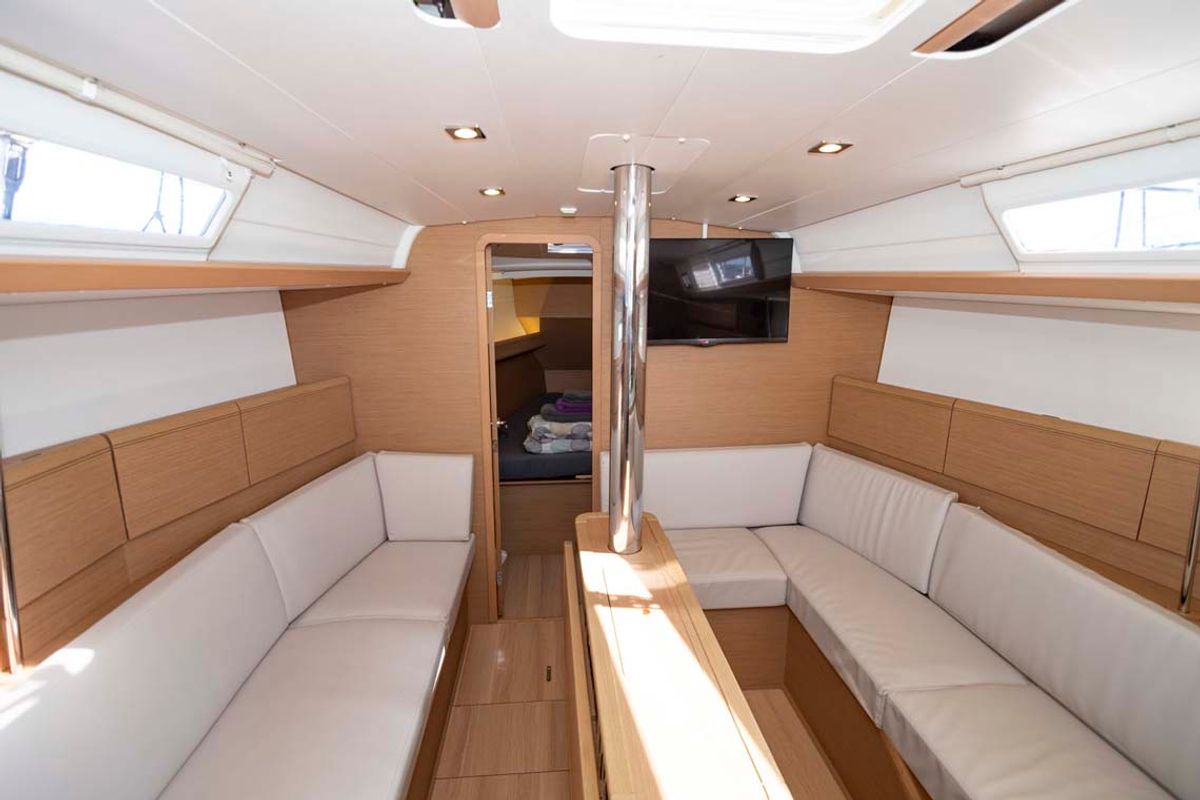 Salon of Marie, a Jeanneau Sun Odyssey 389 sailboat at Felanitx, Spain
