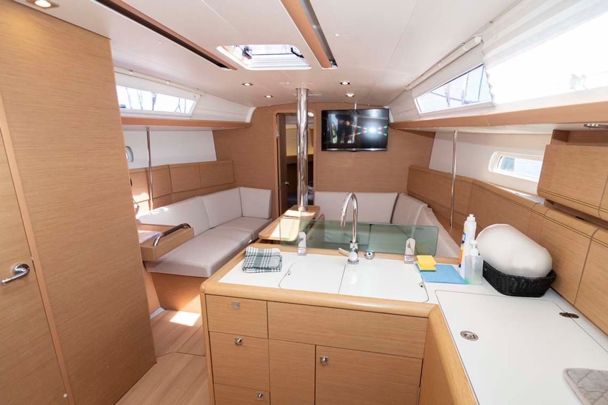 Salon of Marie, a Jeanneau Sun Odyssey 389 sailboat at Felanitx, Spain