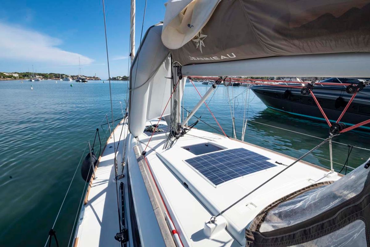 Deck of Marie, a Jeanneau Sun Odyssey 389 sailboat at Felanitx, Spain