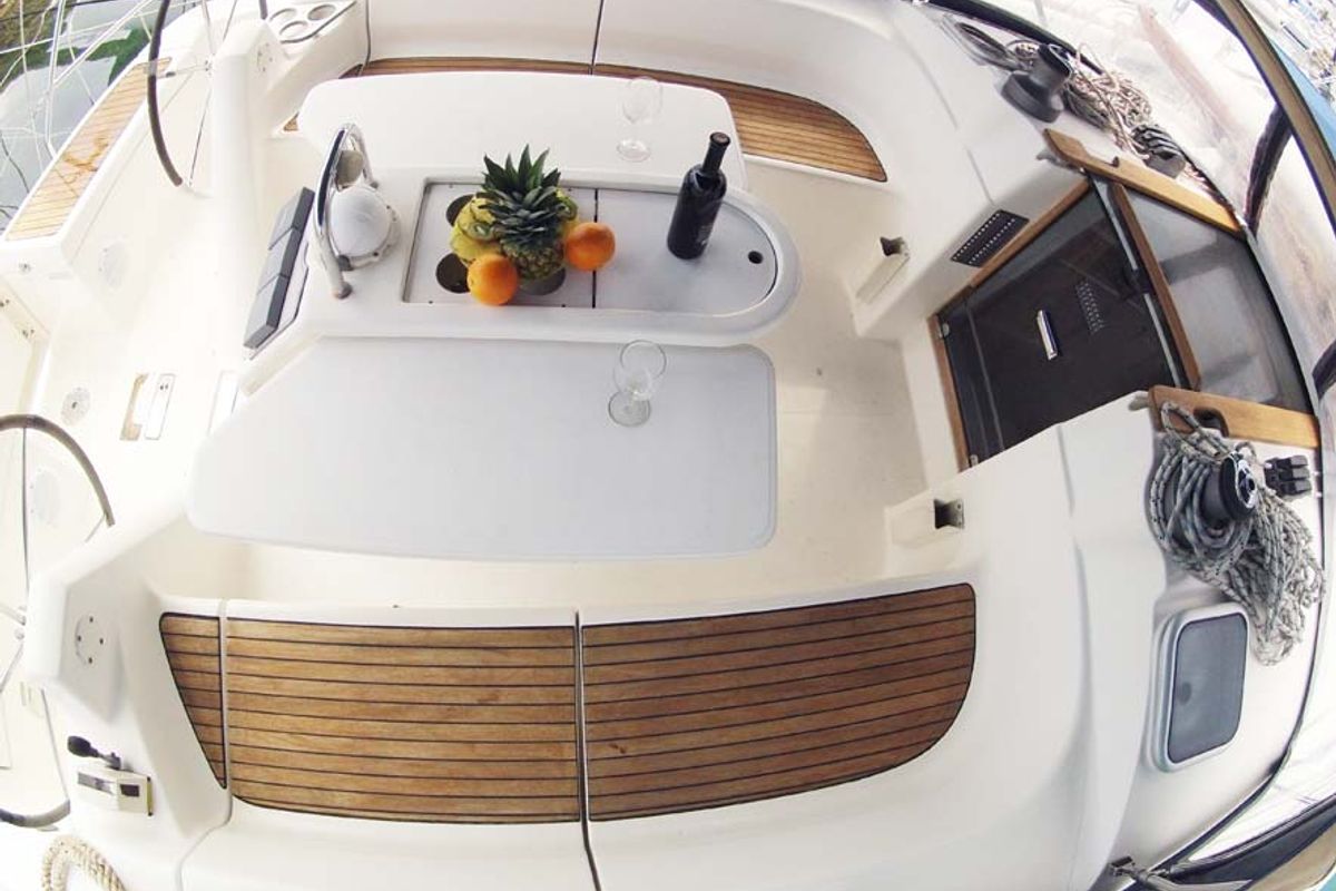 Deck of Luna V, a Dufour Gib Sea 43 sailboat at Split, Croatia