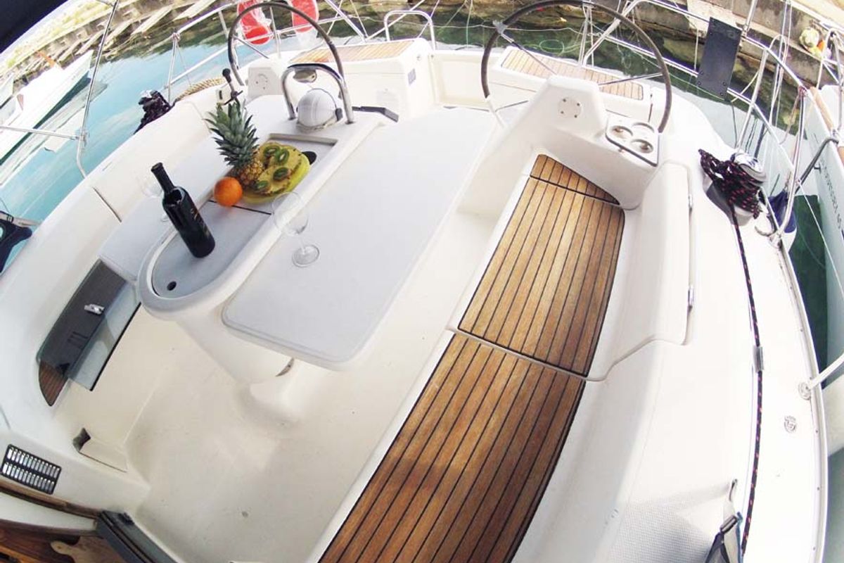 Deck of Luna V, a Dufour Gib Sea 43 sailboat at Split, Croatia