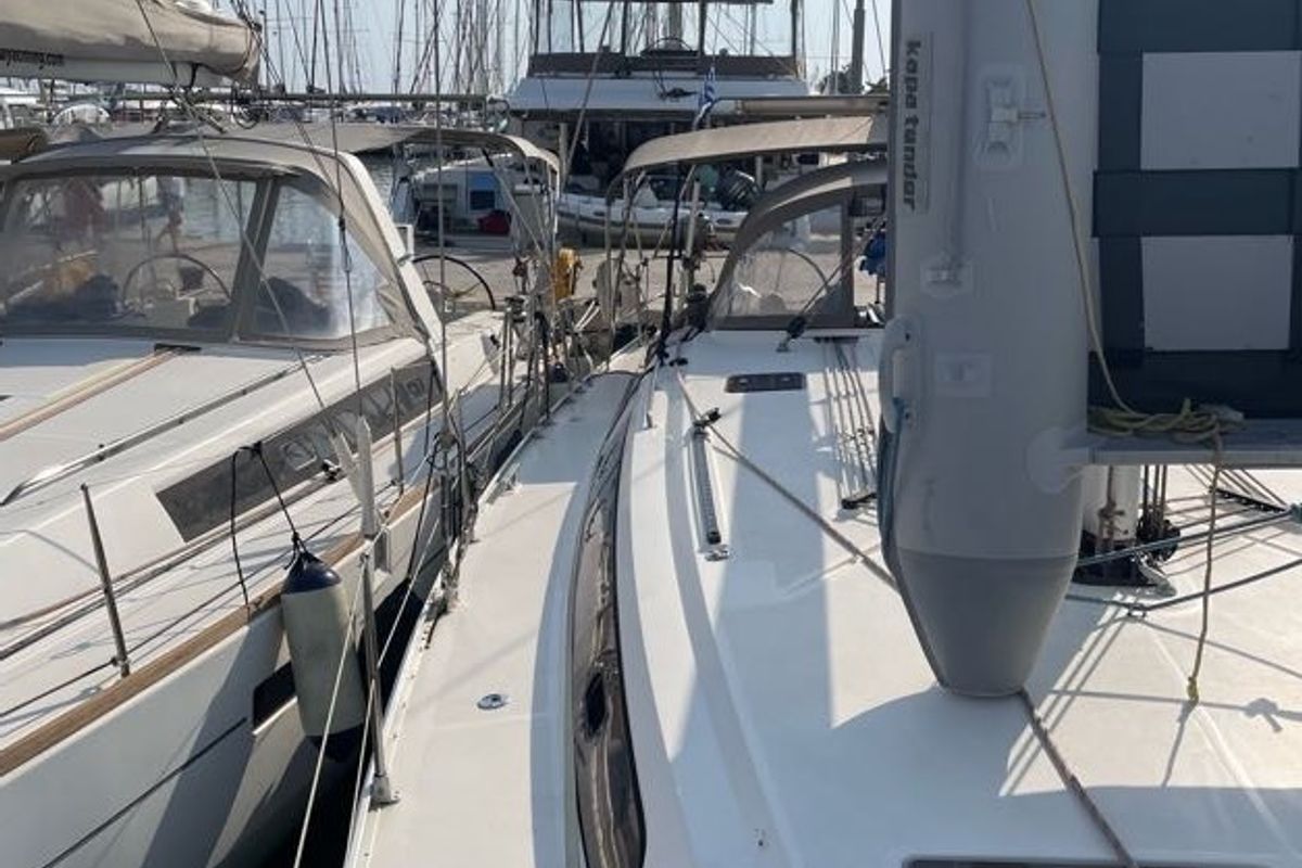 Deck of Rozerina, a Bavaria Cruiser 46 sailboat at Athens, Greece