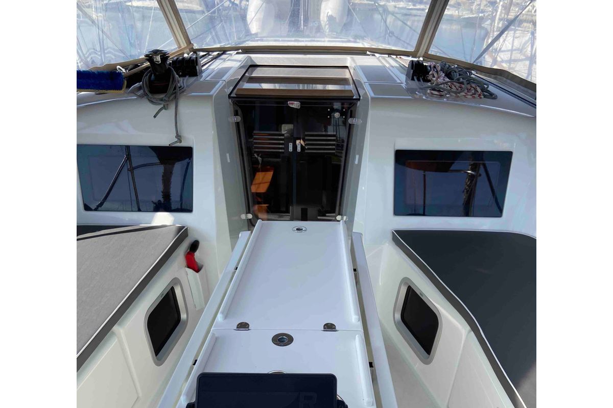 Deck of Fortnite, a Jeanneau Sun Odyssey 410 sailboat at Castellammare di Stabia, Italy