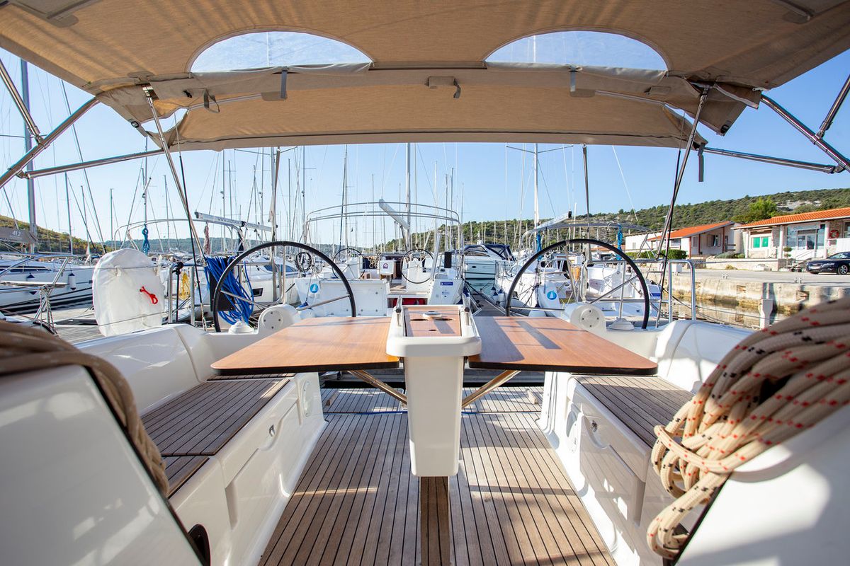Cockpit of Niké, a Dufour 382 GL sailboat at Grad Pula, Croatia