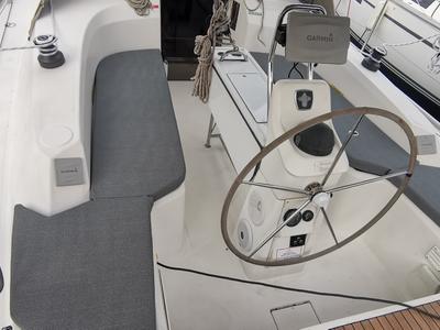 Cockpit of S/Y Alkyoni, a Bavaria Cruiser 33 sailboat at Preveza, Greece