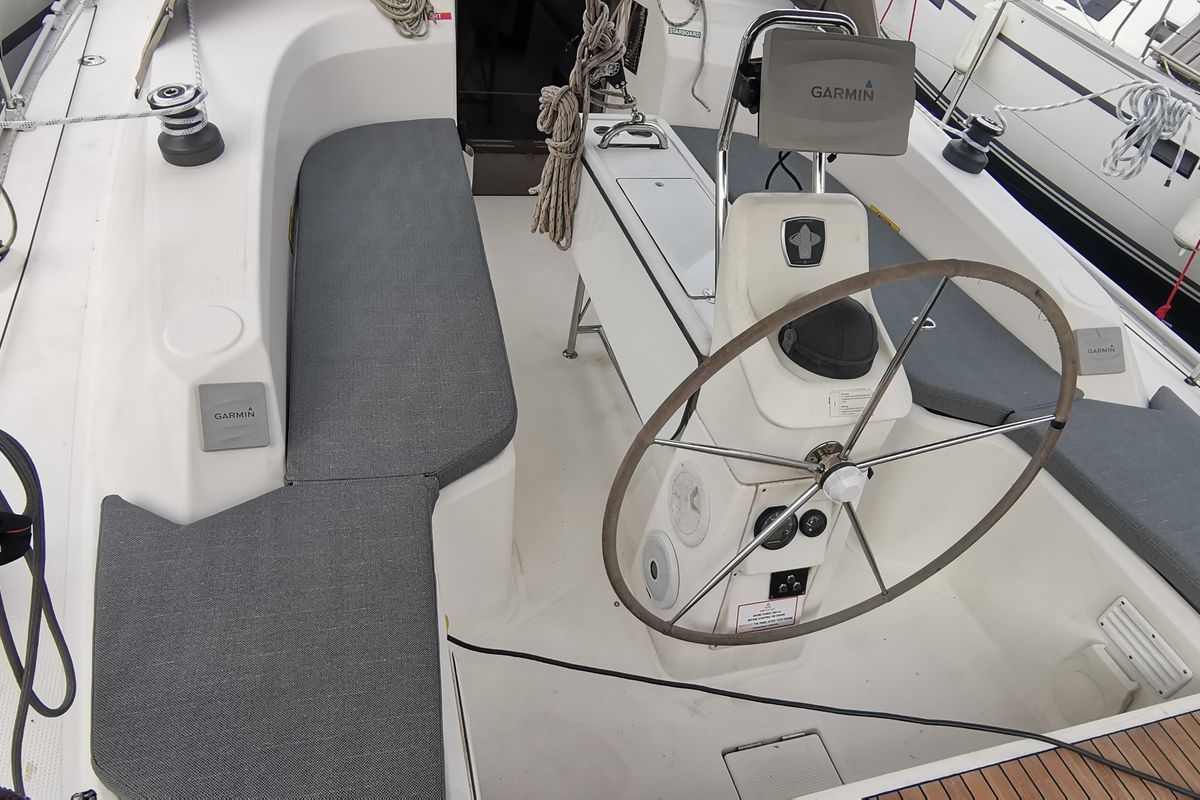 Cockpit of S/Y Alkyoni, a Bavaria Cruiser 33 sailboat at Preveza, Greece