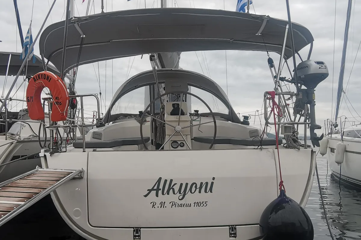Exterior view of S/Y Alkyoni, a Bavaria Cruiser 33 sailboat at Preveza, Greece
