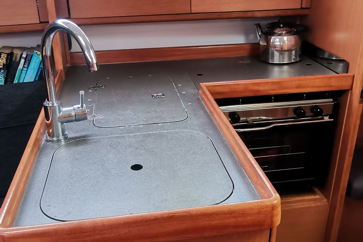 Galley of S/Y Alkyoni, a Bavaria Cruiser 33 sailboat at Preveza, Greece