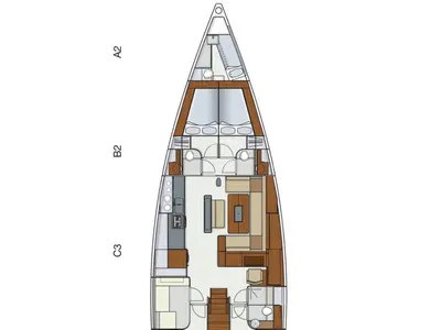 Floor plan of BenSwiss, a Hanse Yachts Hanse 575 sailboat at Bodrum, Turkey