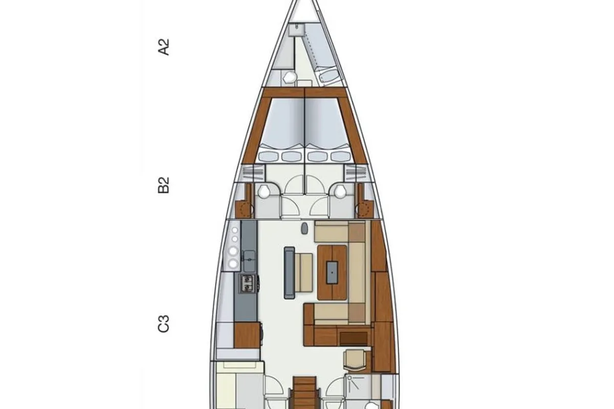 Floor plan of BenSwiss, a Hanse Yachts Hanse 575 sailboat at Bodrum, Turkey