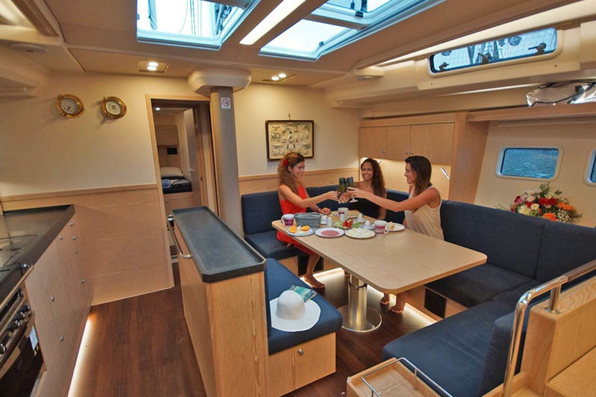 Salon of BenSwiss, a Hanse Yachts Hanse 575 sailboat at Bodrum, Turkey